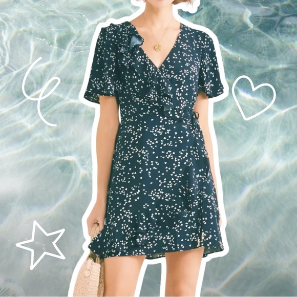 Rebecca Vallance Navy Blue ‘Flores’ Ruffled Printed Crepe Wrap Mini Dress Size 2 - Picture 2 of 15